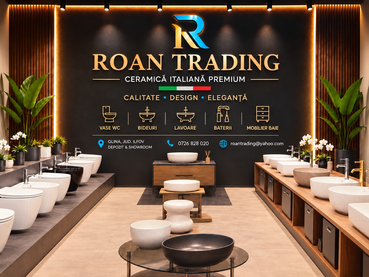 Showroom ROAN Trading cu obiecte sanitare, lavoare, vase WC și bideuri